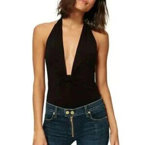 Ramy Brook Bodysuit Women XS Black Zoey Plunging V Neck Halterneck Gothic Party